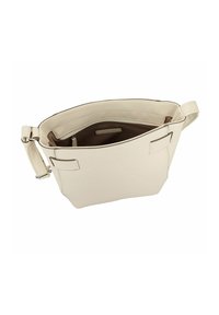 Beige Lederhandtasche mit geräumigem Innenraum, ausgestattet mit einem Reißverschlussfach und verstellbarem Trageriemen. Glatte Textur und minimalistisches Design.