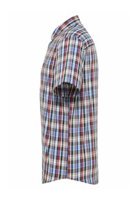 Kurzärmliges kariertes Hemd in verschiedenen Farben, darunter Blau, Rot, Gelb und Weiß. Aus leichtem Stoff gefertigt, mit einem Standardkragen.