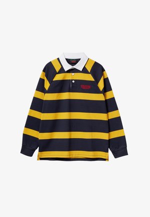 Koszulka rugby z długim rękawem w grube poziome paski w kolorze granatowym i żółtym, z białym kołnierzykiem, dwoma guzikami oraz czerwonym logo "Stranger Things" na piersi.