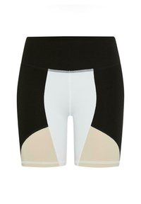 Shorts de sport noir et blanc avec un design color-block et des accents beiges. Fabriqués en matériau extensible, avec des coutures plates et une coupe ajustée.