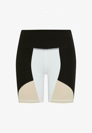 Pantalones cortos deportivos en blanco y negro con un diseño de bloques de color y acentos en beige. Fabricados en material elástico, con costuras planas y un corte ajustado.