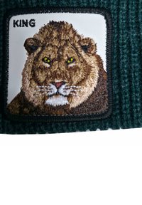 Tessuto verde lavorato a maglia con una toppa quadrata con il volto di un leone ricamato, pelliccia marrone e dorata, occhi gialli e la parola "KING" sopra.