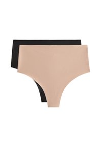 Twee paar klassieke ondergoed: één in lichtbeige en één in zwart. Gemaakt van gladde stof met een naadloos ontwerp en een gematigde bedekking.