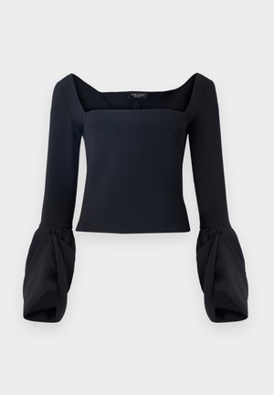 Black long-sleeve top with a square neckline, featuring voluminous cuffed sleeves and a fitted bodice made from a smooth fabric.