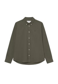 Olivenfarget skjorte med knapp-ned krage, lange ermer og buet hem. Har hvite knapper og en liten logo på venstre bryst.