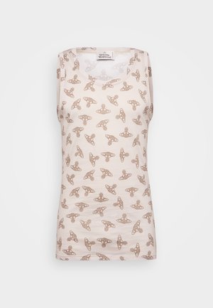 Tanktop van lichte stof, met een zachte beige kleur en een herhalend bruin abstract patroon. Ronde halslijn, zonder mouwen.