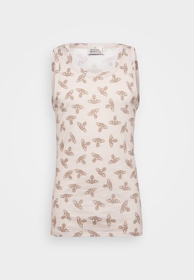 Ärmelloses Top aus leichtem Stoff, in einem sanften Beigeton mit einem wiederholenden braunen abstrakten Muster. Rundhalsausschnitt, ärmelloses Design.