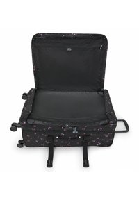 Valigia nera con motivo floreale, chiusura con zip, scomparto interno con rivestimento morbido, manico retrattile e quattro ruote per la mobilità.