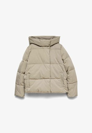 Veste matelassée beige avec un col haut, un motif matelassé carré, deux poches latérales et des manches longues. Matière lisse et légère.