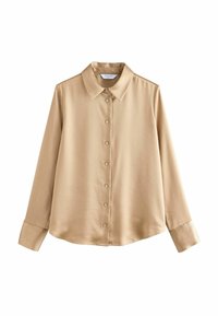 Beige satiinist pika varrukatega särk klassikalise kraega, nööpide ees ja sirge äärisega; sisaldab sobivaid nööpe ja sujuvat tekstuuri.