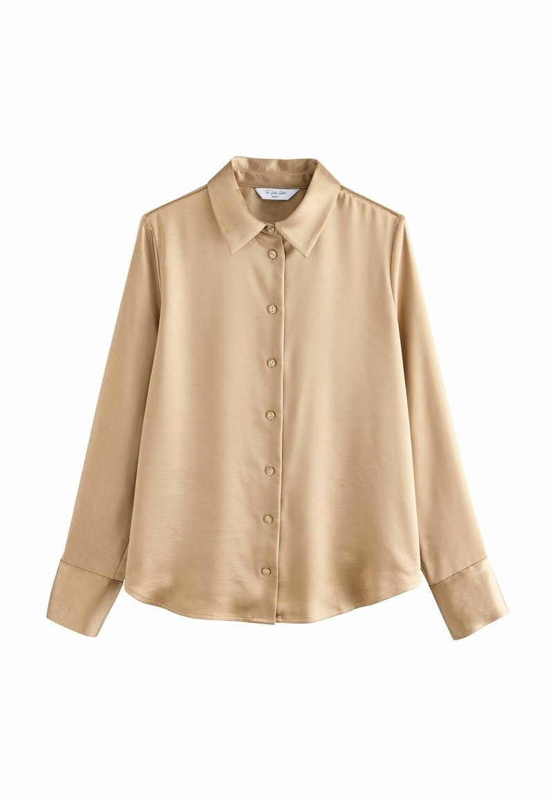 Beige satiinist pika varrukatega särk klassikalise kraega, nööpide ees ja sirge äärisega; sisaldab sobivaid nööpe ja sujuvat tekstuuri.