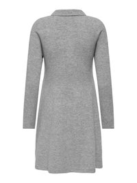 Robe-pull à manches longues, longueur genoux, gris clair avec col, vue de dos sur fond blanc.