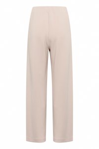 Bézs egyenes szárú nadrág rugalmas derékpánttal, látható zsebek vagy díszítések nélkül, fehér háttéren bemutatva.