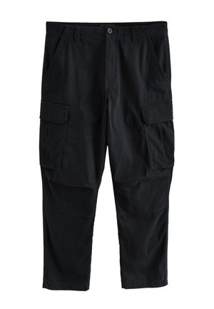 Mustad cargo-püksid, millel on mitu küljetaskut, nööpidega kinnis ja sirge säärega disain, valmistatud pehmest kangast ning näha õmblusdetailid.