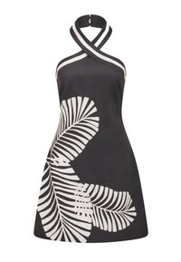 Rochie halter din in negru cu un model de frunze albe, având un design cu gât încrucișat și spate de culoare solidă. Formă A-line cu o textură netedă.