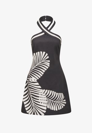 Černé lněné šaty na zavazování za krk s bílým listovým vzorem, s překříženým designem na krku a jednobarevným zadním dílem. A-line střih s hladkým povrchem.