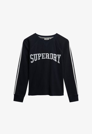 Dunkelblauer Pullover mit langen Ärmeln, auf der Brust mit einem weißen "SUPERDRY"-Logo und weißen Seitenstreifen versehen. Gerippte Textur und runder Ausschnitt.