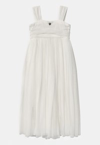 Biała bezrękawnikowa długa sukienka z szerokimi ramiączkami, marszczonym wcięciem i przejrzystą, zwiewną spódnicą, z małym serduszkiem na dekolcie.