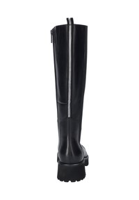 Stivali neri al ginocchio con un design elegante, tomaia in pelle liscia, zip argentata a contrasto e suola robusta.