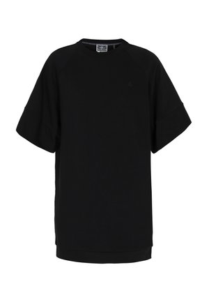 T-shirt nera oversize realizzata in cotone morbido, con collo a girocollo, maniche corte raglan e un sottile logo ad ancora sul petto.