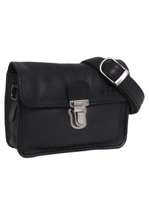 Schwarze Leder-Umhängetasche mit silberner Schnalle und verstellbarem Riemen, rechteckige Form mit genähten Kanten.