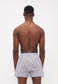 Boxeri din bumbac striped cu o textură moale, având un brâu elastic și o croială lejeră. Culorile sunt albastru și alb.