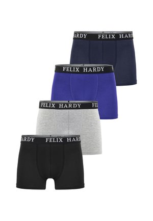 Vier paar herenboxershorts in zwart, grijs, blauw en donkerblauw met zwarte taillebanden met het merk "FELIX HARDY".