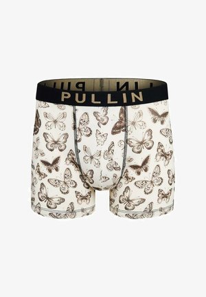 Boxers pour hommes avec une ceinture noire portant l'inscription "PULLIN" et un tissu beige orné de motifs détaillés de papillons marron.