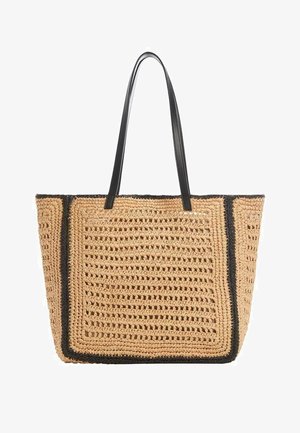 Borsa a tracolla in paglia intrecciata con manici in pelle nera, caratterizzata da una forma rettangolare, colore beige naturale e bordi cuciti a contrasto.