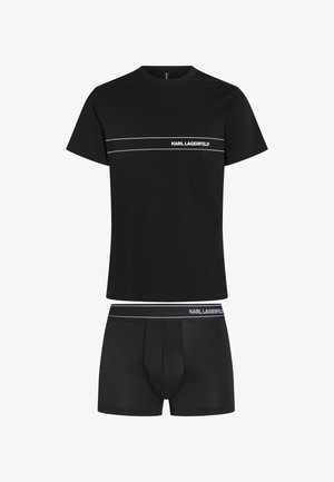Czarna bawełniana koszulka z krótkim rękawem, z białym logo "KARL LAGERFELD" i paskami, w zestawie z pasującymi czarnymi slipami.