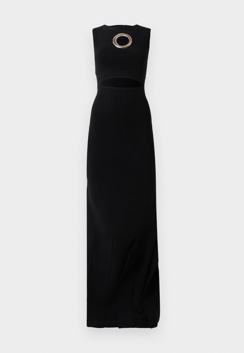 Black sleeveless dress with a circular cutout detail at the neckline and a long, straight silhouette featuring side slits.