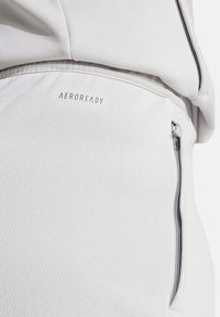 Light gray Aeroready athletic pants with a textured fabric, featuring a side zip pocket and subtle logo design.