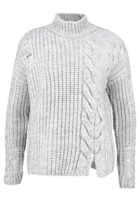 Hellgrauer gestrickter Pullover mit hohem Kragen, der eine Mischung aus Texturen aufweist, einschließlich Zopfmuster und gerippten Mustern, sowie seitlichen Schlitzen.