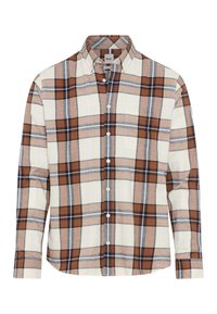 Braun und cremefarbenes Karoshirt aus weichem Stoff. Mit einem Button-Down-Kragen, langen Ärmeln und einer Brusttasche. Die Knöpfe sind weiß.