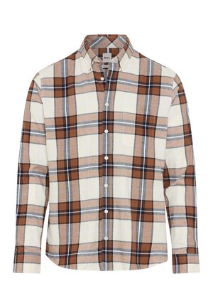 Bruine en crème geruite blouse van zacht materiaal. Voorzien van een button-down kraag, lange mouwen en een borstzak. De knopen zijn wit.