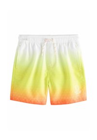 Costumi da bagno da uomo con un gradiente che va dal giallo all'arancione, motivo geometrico, vita elastica e cordoncino regolabile.