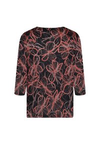 Schwarzes Oberteil mit einem floralen Muster in Rottönen und Grau, langen Ärmeln und einem lockeren Schnitt. Glatte Textur mit einem Rundhalsausschnitt.