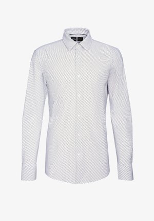 White long-sleeve shirt with a small blue geometric pattern, button-down collar, and button closures along the front and cuffs.