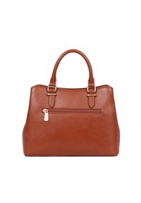 Borsa a tracolla in pelle marrone con un design strutturato, doppi manici superiori, tasca frontale con zip e dettagli in metallo dorato.