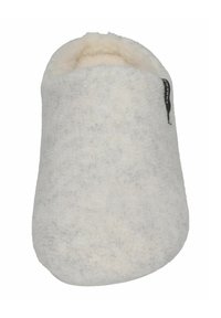 Gray and white wool slippers with a soft, textured surface and a rounded shape. Features a fabric tag on the side. Cozy design.