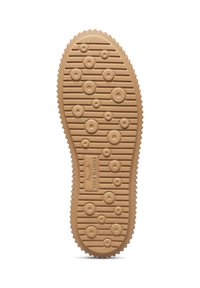 Suola di una scarpa beige con battistrada circolare e scanalature orizzontali, caratterizzata da un'area rettangolare con il logo in rilievo "VOILE BLANCHE."