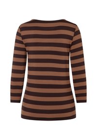 Braun- und beige gestreiftes Langarmoberteil mit weitem Ausschnitt und weicheren Material, das gleichmäßig verteilte horizontale Streifen aufweist.