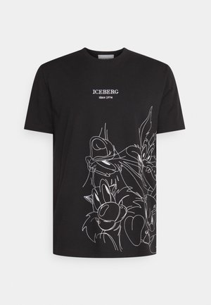 Black short-sleeve t-shirt with "ICEBERG since 1974" text and white line art of cartoon animal faces along the right side.