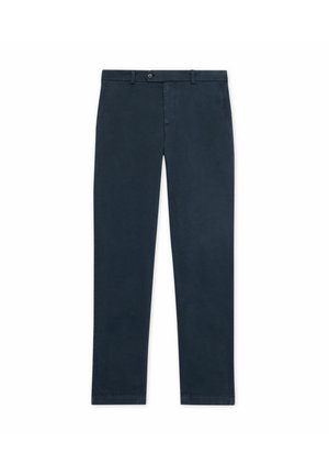 Marineblauwe slim-fit broek van katoen met een gladde textuur, enkele voorkantzak en een sluiting met bovenste knoop.