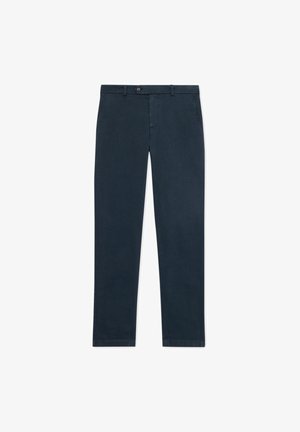 Navyblaue Slim-Fit-Hose aus Baumwolle mit glatter Textur, einer vorderen Tasche und einem oberen Knopfverschluss.
