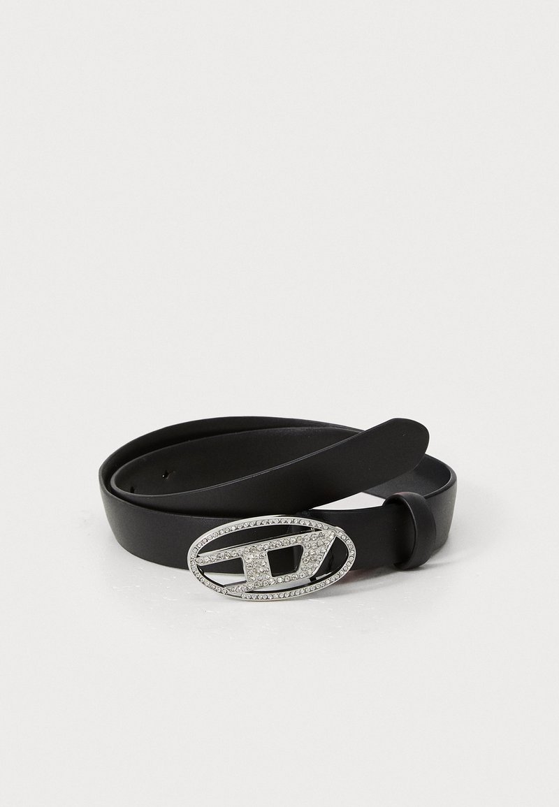 Black synthetic belt with a smooth finish, featuring an oval silver buckle embellished with clear crystals and an engraved logo design.