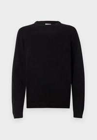 Czarny sweter dziany, z długimi rękawami, okrągłym dekoltem oraz żebrowanymi mankietami i ściągaczem. Gładka faktura, minimalistyczny design, bez widocznych wzorów.