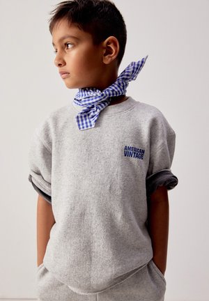 Zēns, kurš valkā pelēku džemperi ar uzrakstu "American Vintage" un zilā rūtainā kaklasaiti, skatās pa kreisi ar rokām kabatās pret vienkrāsainu fonu.