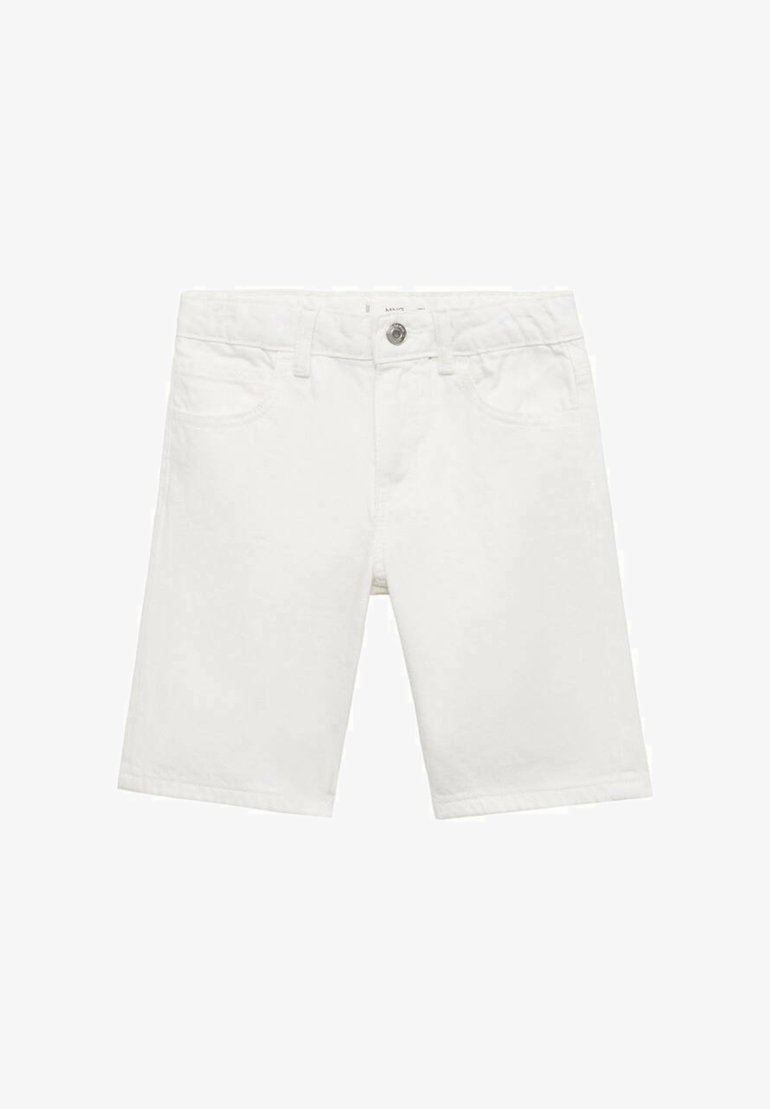 Shorts din denim alb, cu croială dreaptă, având un buton frontal, curea de prindere și patru buzunare. Textură netedă cu detalii minime.