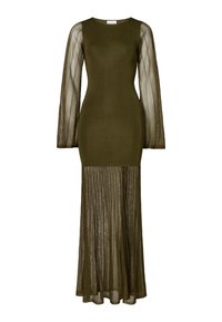 Robe longue olive avec des manches longues, un corsage ajusté et des manches transparentes et fluides. L'ourlet présente un design plissé et superposé, offrant un contraste de textures.